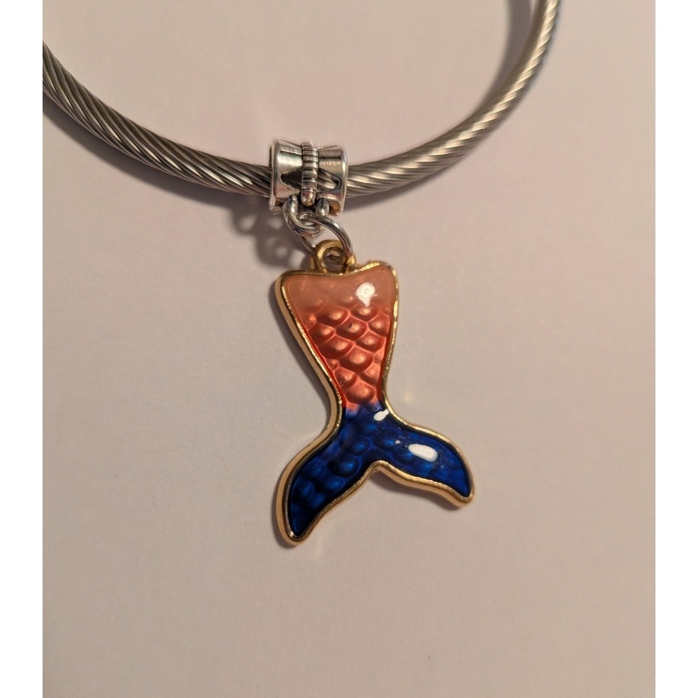 Mermaid Tail Enamel Charm Pendant Pink Blue Ombre Gold Tone Ocean Beach Jewelry